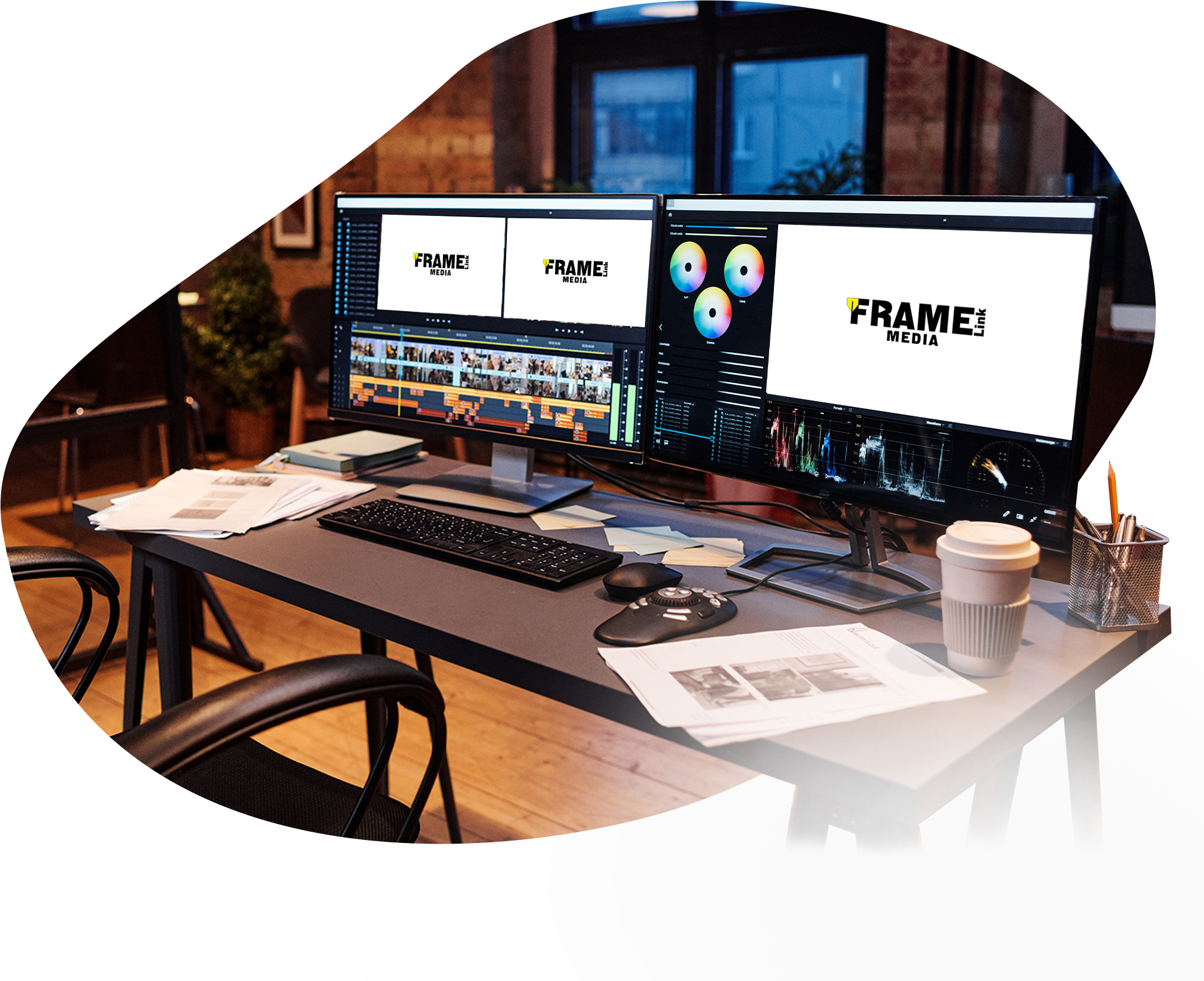 Professional video editing workspace with monitors and equipment at Framelink Media studio