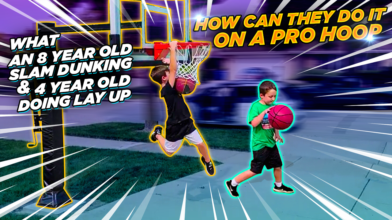 An 8 year old dunking on a pro hoop