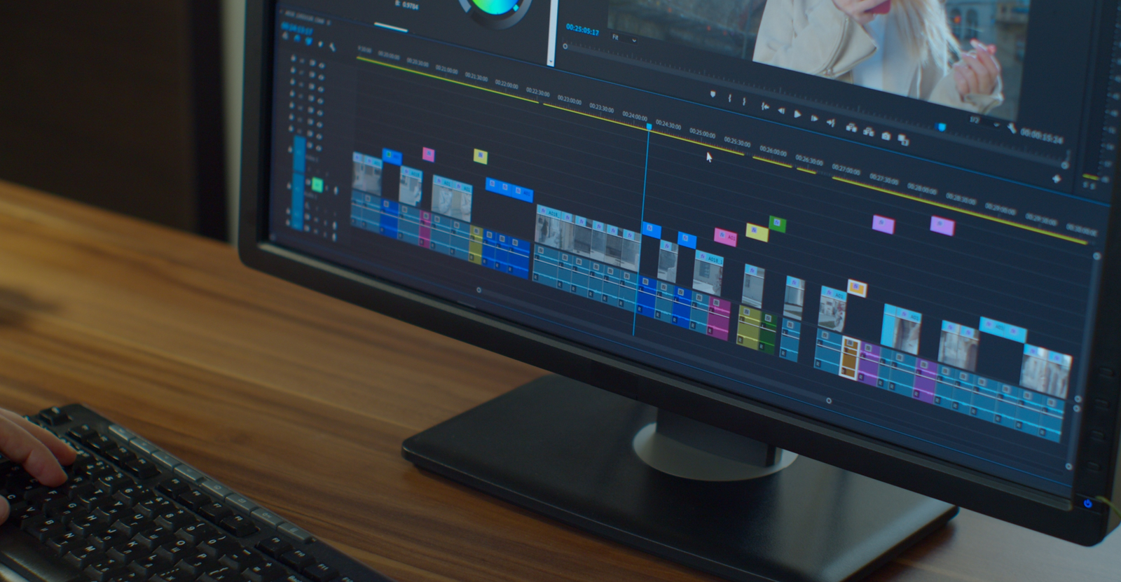 A modern studio setup showing professional video editing software with audio waveforms and video timelines on screen.